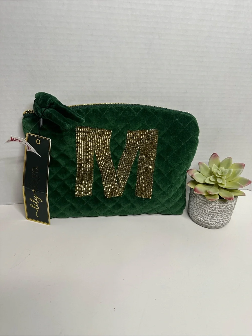 Lily Green Quilted Velvet Cosmetic Pouch with Gold Sequin M